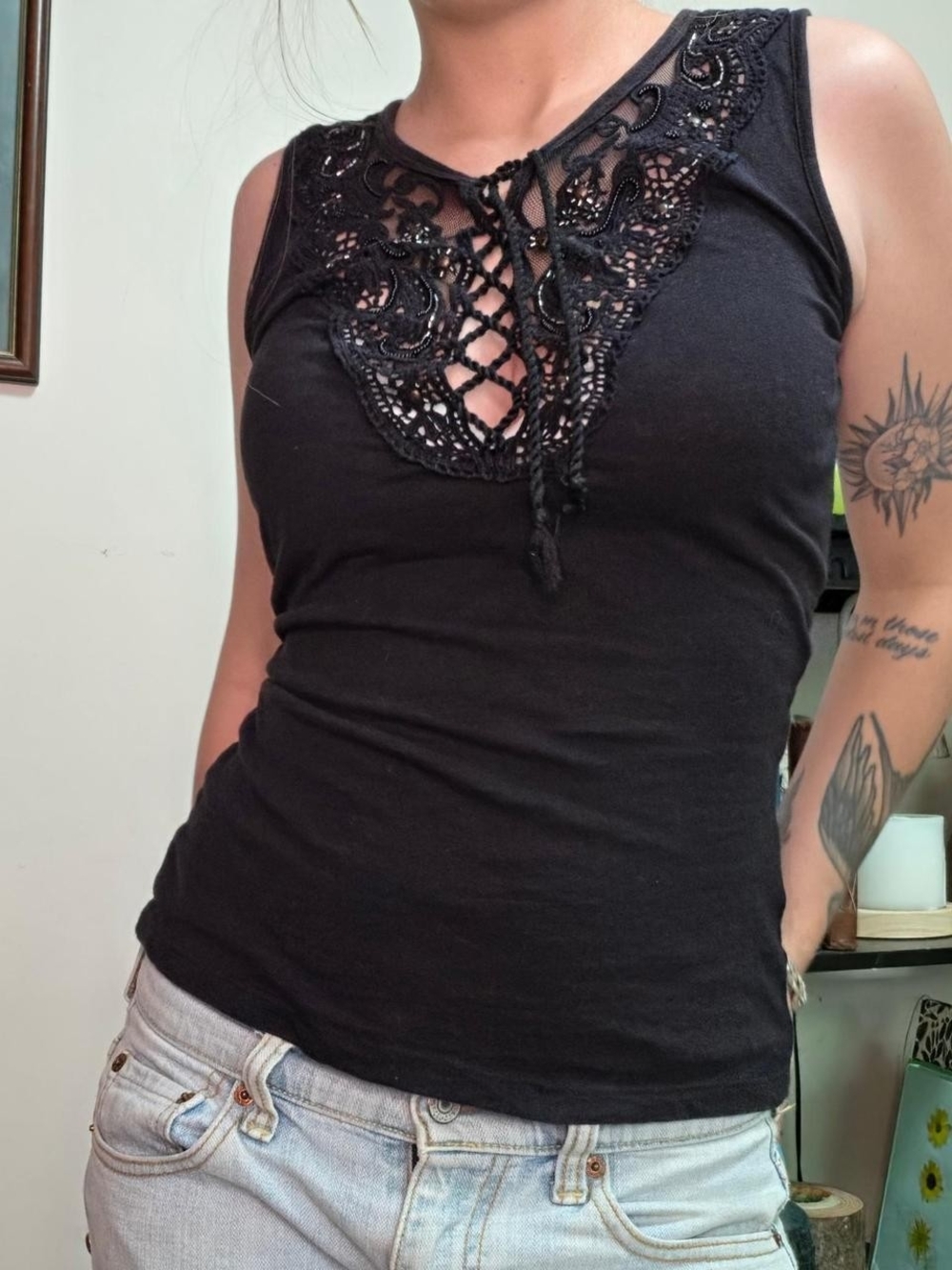 Black Goth Tank With Lace Tie Chest Size XS Whimsigoth Grunge